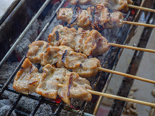 Pork, grilled pork, skewers, charcoal grill, Thai food