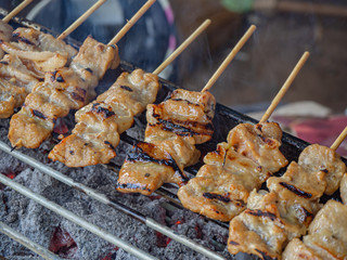 Pork, grilled pork, skewers, charcoal grill, Thai food