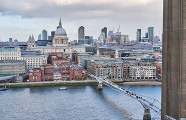 UK, England, London, High angle view of Millennium Bridge with Saint Pauls Cathedral in background