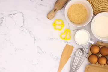 Cooking groceries for baking and making cookies  on the kitchen table