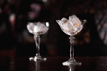 glasses of ice ready for serving cocktails