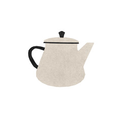 Hand drawn vintage gas stove kettle illustration on the white background. Textured paper cutout stylization. Naive cafe card