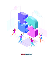 Trendy flat illustration. People make puzzles. Teamwork metaphor concept. Cooperation of people who implement the joint idea.  Template for your design works. Vector graphics.
