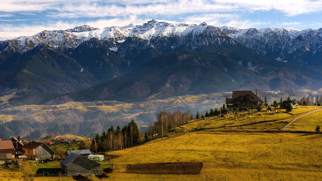  Bucegi mountains seen from Pestera village . Romania 