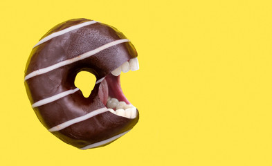 donut with teeth on a yellow background, a predatory donut template with space for text.