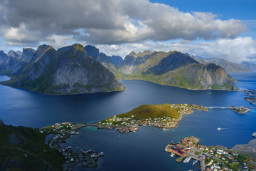 Naklejka na ściany i meble view of the village among the fjords in norway, lofoten islands