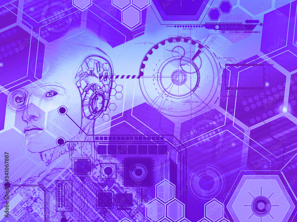 Poster abstract technology background with simple purple hexagonal elements and head of a robot