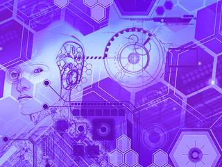 Abstract technology background with simple  purple hexagonal elements and head of a robot 