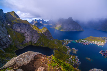 Naklejka na ściany i meble landscape with foreground from the top of the mountain, Lofoten islands, norway