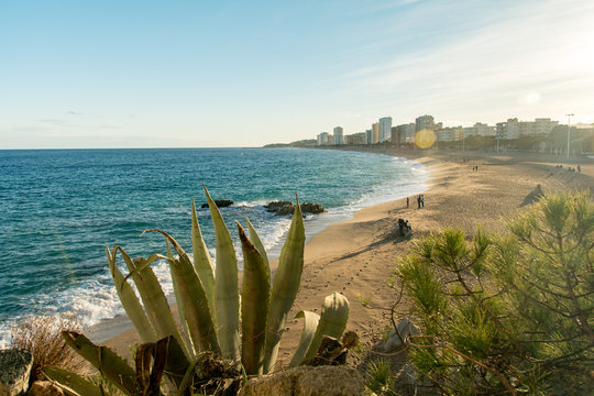 PLATJA D ARO,SPAIN : Feb 7, 2016 : Sunset in Mediterranean beach in Costa Brava, Platja d Aro,Catalonia,Spain.