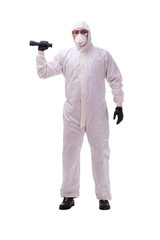 Young male contractor disinfecting in coronavirus concept