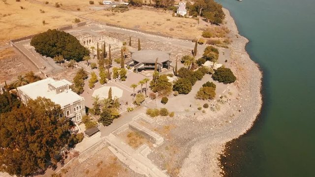 Orthodox Church of the 12 apostles. Sea of Galilee. Capernaum. Aerial view