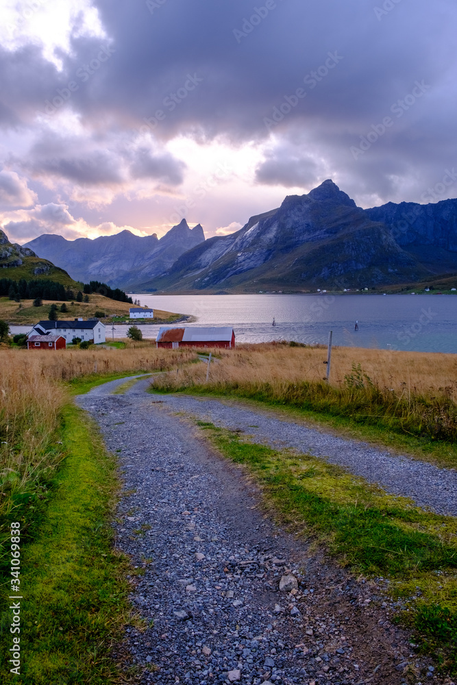 Wall mural village road to home in norway among fjords and bay