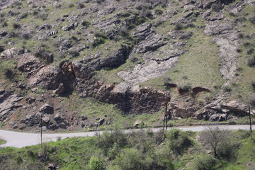 Spring has come. Grass grew on the hill. Rocks and rocks are visible. Shrubs are still without leaves. There are poles with power lines near the road