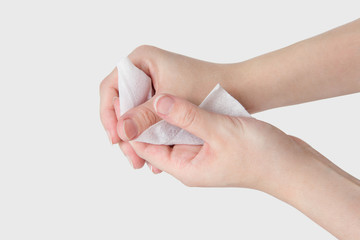 Coronavirus COVID-19. Alcohol pad is use for disinfection as first aid. Wet tissue epidemic prevention, antibacterial sterilization. Cleaning hands with alcohol-based hand sanitizing antiseptic wipes