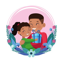 happy fathers day card with afro dad carring daughter in floral frame