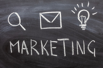 The word marketing written on the blackboard with a chalk, search icon, envelope and light bulb
