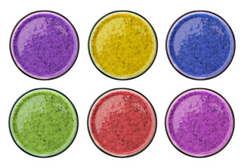 Set of different fresh tasty smoothies on white background, top view