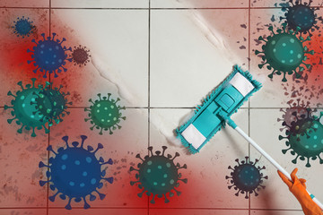 Cleaning vs viruses. Woman washing floor with mop and disinfecting solution, top view