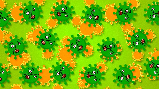 The face of the coronavirus in the figure with moving parts of the body. Drawn virus with eyes and mouth in letters. Abstract footage with a drawn virus with horizontal movement on a green background.