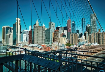 View of New York City financial center from Brooklyn bridge