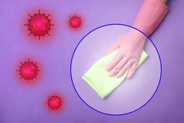 Cleaning vs viruses. Woman washing surface with rag and disinfecting solution