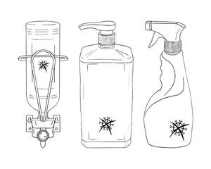 Set template medical antiseptic surfaces. Product for hygiene. Disinfection premises. Sanitizer dispenser, protect coronavirus bacteria. Vector isolated doodle realistic black outline white background