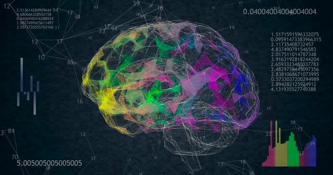 Rotating 360 low polygonal brain 3D model on blue background with animated numbers and diagrams. 4k animation