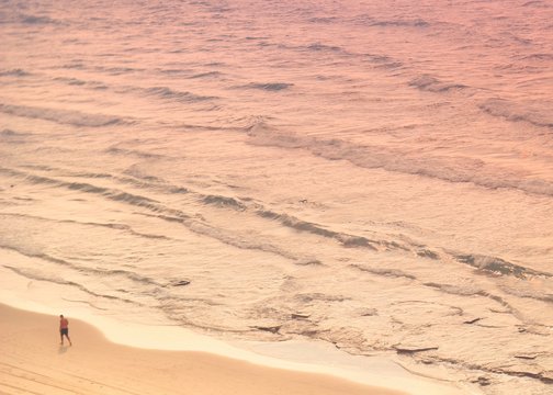 High Angle View Of Man Walking At Beach During Sunset