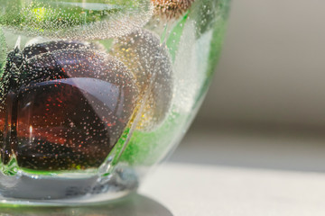 Round glass stones lie in water in a transparent glass and are covered with air bubbles. Home decor in green colors. Beautiful background with natural light.