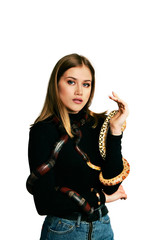 Beautiful woman in black bodywear and snake. Blonde model girl with fashion perfect make up.