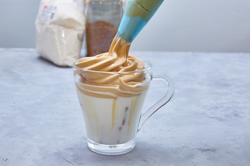 Step 7. Dalgona Coffee. Step by step cooking. Put whipped foam on top of milk. New variant from...