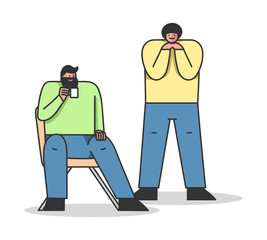 Concept Of Men Friendship. Two Attractive Men Students Discussing Together On Different Topics. Diverse Cultures, International Communication. Cartoon Linear Outline Flat Style. Vector Illustration