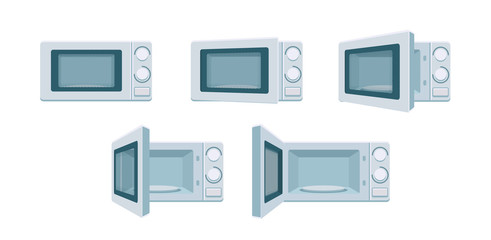 Modern microwave set ready for animation. Open and close oven poses in front view. Degree of openness Cooking stove, vector kitchen appliance. Digital concept illustration isolated white background