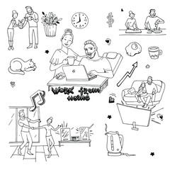 work from home, a man at a computer, near a woman gives him tea