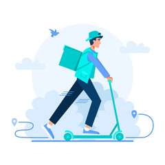 Online delivery service square vector concept with character in flat cartoon style. Yong man courier rides an kick scooter with backpack behind. Courier in a hurry to deliver an order