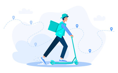 Online logistic service horizontal vector concept illustration with character in flat cartoon style. Male courier riding kick scooter with package product box. Courier in a hurry to deliver an order