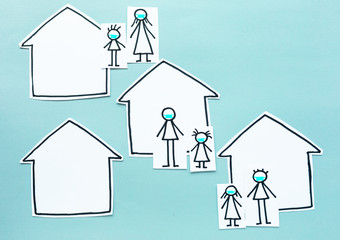 children leaving home with adults in confinement time on cardboard