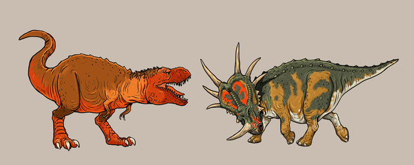 Dinosaurs fight. Styracosaurus against Tyrannosaurus Rex. Dino illustration.