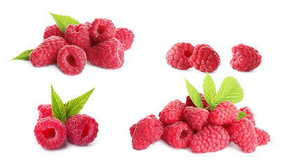 Set of fresh sweet raspberries and green leaves on white background