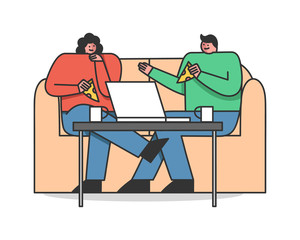 Concept Of Freelance Work, Friendship And Leisure. Couple Man And Woman Are Sitting On Sofa In Cafe Or At Home, Eating Pizza, Working On Laptop. Cartoon Linear Outline Flat Style. Vector Illustration
