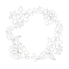 Lilac blossom circle frame, wreath hand drawn in pen ink. Spring monochrome floral design element for birthday, wedding, greeting cards, banners design. 