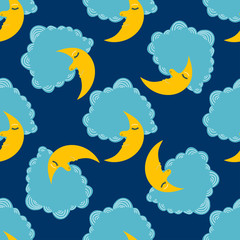 Decorative seamless pattern. Cartoon style hand drawn moon and clouds.