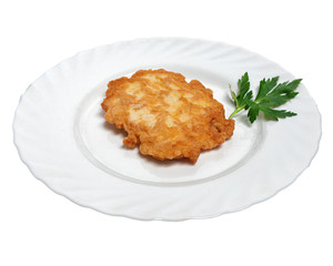 Chicken cutlet in batter on a white background