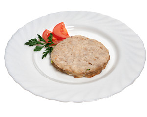 Steam chicken cutlet on a white background