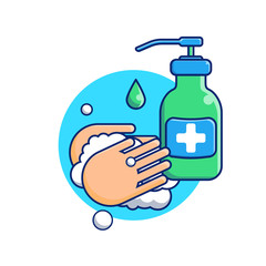 Hand treatment with antiseptic. Washing hands with liquid soap. Virus Prevention. Protection against viruses, bacteria, germs. Soap bubbles, foam, drop. Vector illustration. Isolated icon.