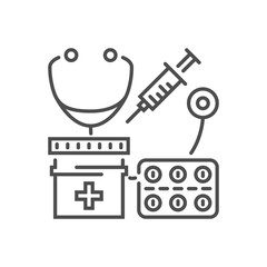 Health Care related vector thin line icon. Stethoscope, pills, medicine jar and syringe. Isolated on white background. Editable stroke. Vector illustration.