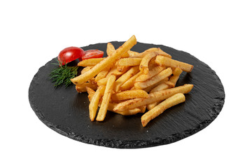 roasted potatoes on the blackboard. on white background