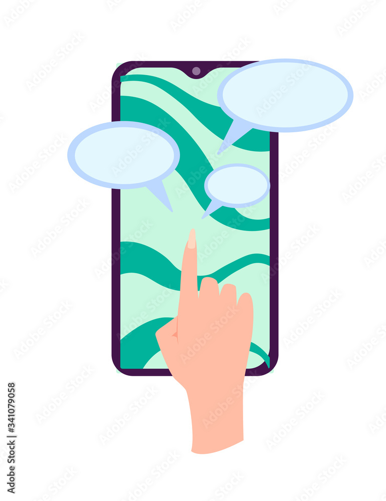 Poster hand holding smartphone with chat box message on screen, like button. social network and mobile devi