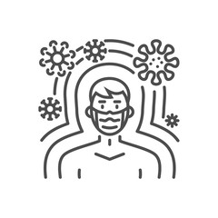 Immunity related vector thin line icon. Man with medical mask protected from virus immunity. Isolated on white background. Editable stroke. Vector illustration.
